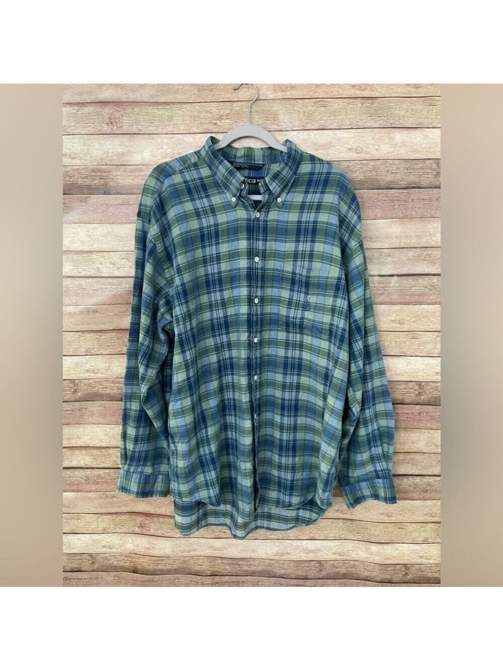 Nautica Men’s Green Blue Plaid Long Sleeve Button Down Shirt Size: XL